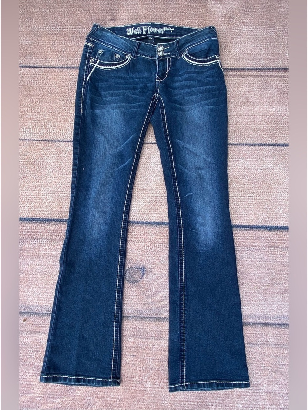 Wallflower Y2K ultra low rise stretch flare embellished pocket dark wash denim